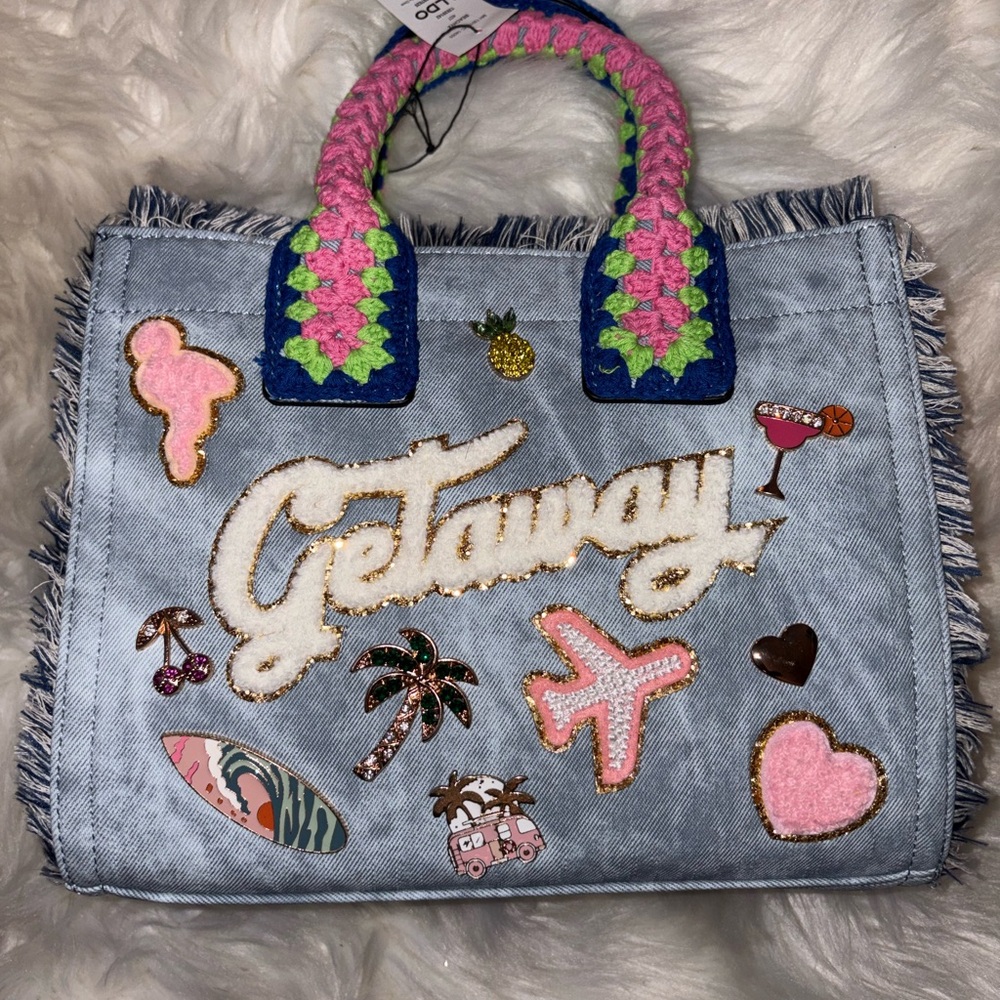 Aldo Stylish Denim Tote Bag with Colorful Patches